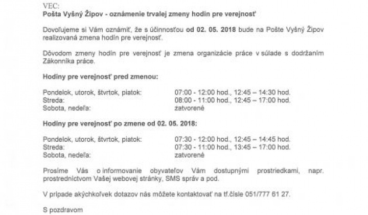 1. fotografia fotogalérie Slovenská pošta - oznámenie o trvalej zmene hodín pre verejnosť - foto