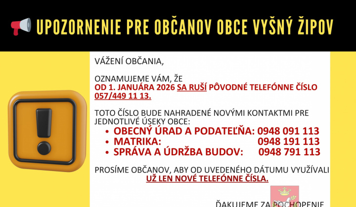 Fotka - Zmena telefónnych čísel -Upozornenie občanov