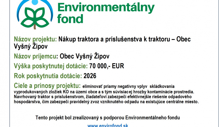 Fotka - Nákup traktora a príslušenstva k traktoru – Obec Vyšný Žipov