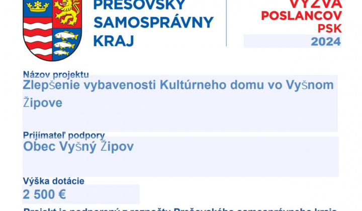 Fotka - Prešovský kraj podporuje zlepšenie vybavenosti Kultúrneho domu vo Vyšnom Žipove